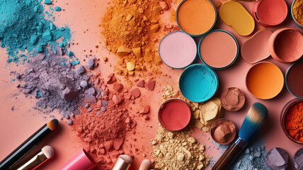 vibrant and colorful makeup flat lay featuring various blushes, highlighters, and bronzers. The products are arranged in an elegant arrangement with a soft lighting setup.