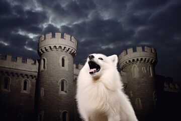 Group portrait photography of a tired american eskimo dog howling at the moon wearing a bandage against a backdrop of a grand castle. With generative AI technology