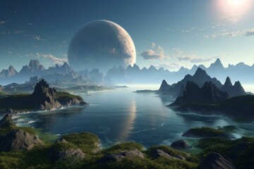 Realistic planet with mountains, ocean, and abundant greenery. Generative AI