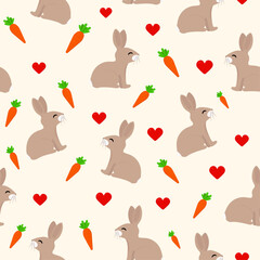 Vector seamless pattern with rabbits and carrots with hearts on the white background. Happy easter background. Easter wrapping