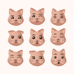 Vector set of cat faces with different emotions in cartoon style. Avatar emoticon illustration