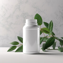 White plastic bottle with green branch on white table with marble background. 