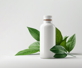 White plastic bottle with green fresh leaves on white background. 