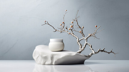 A jar of body cream with ikebana branch on a stone white marble table