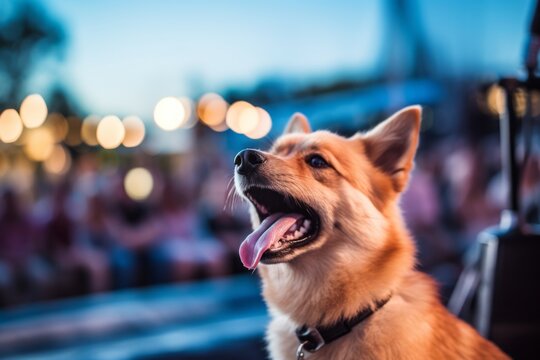 Environmental portrait photography of a funny finnish spitz licking lips wearing a swimming vest against a lively concert stage. With generative AI technology