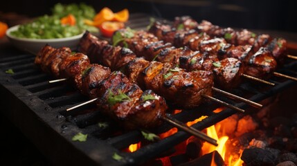 Fresh hot kebab on fire with lime and chili