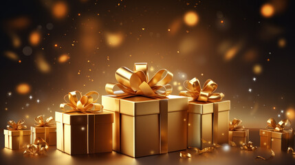 Gift Box gold ribbon and bow on glitter blurred background. Festive decoration for Birthday, Merry Christmas, New Year, anniversary, valentine, wedding, celebration. Generative AI