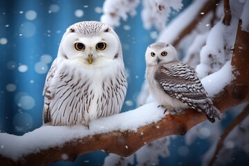A large white owl and a small white owl are sitting on a branch covered with snow in winter.