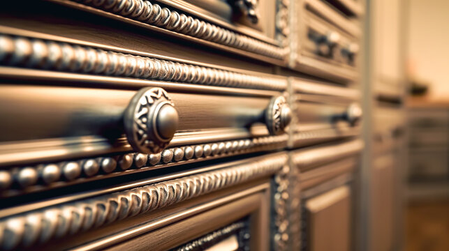 Classic brass door knob on wooden door, generative AI.