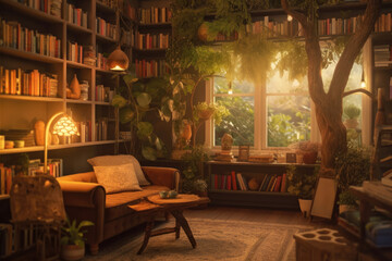 Homey cozy corner with lots of books, a place to read and with houseplants.