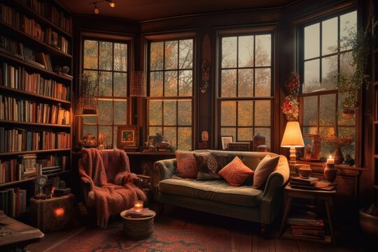 A cozy reading room with a sofa, a bookshelf and a large window with a picturesque view of the forest with colorful autumn leaves.