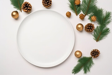 Obraz na płótnie Canvas Festive Christmas table setting with white plates, golden accents on a white background.