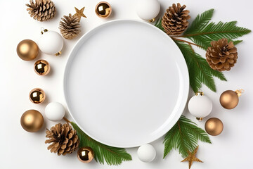 A Christmas dinner table setting with an elegant border of holiday decorations, green accents and a golden ball in the center creates a warm and cozy holiday atmosphere.