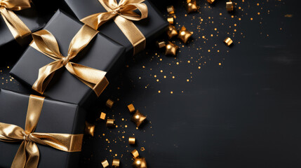 Black Gift Box gold ribbon and bow with gold glitter on black background. Festive decorative for Birthday, Merry Christmas, New Year, anniversary, valentine, wedding, celebration. Generative AI