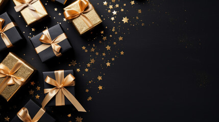 Gift Box gold ribbon and bow with gold glitter on black background. Festive decorative for Birthday, Merry Christmas, New Year, anniversary, valentine, wedding, celebration. Generative AI
