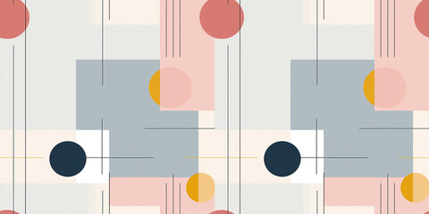 Bahaus abstract geometric shapes. Colorful vintage composition of circles, lines and rectangles in a repeating seamless light gray and old rose colored tile pattern.