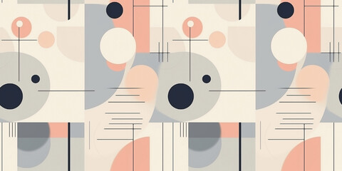 Bahaus abstract geometric shapes. Colorful vintage composition of circles, lines and rectangles in a repeating seamless light gray and old rose colored tile pattern.