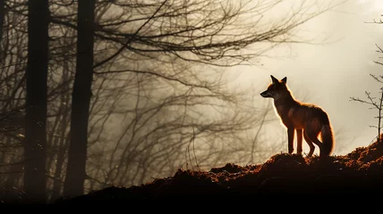 Fototapeten fox silhouette in misty autumn forest landscape wildlife view © kichigin19