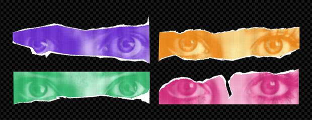 Set of vector female eyes as if png elements cut out of a magazine. Vibrant acid trend colors on transparent background. Emotional eye for collage. Vector illustration.