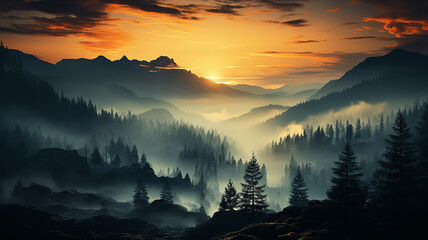 silhouettes of lonely pine trees in the autumn fog at sunset, freedom and silence of nature wild forest in sunset colors