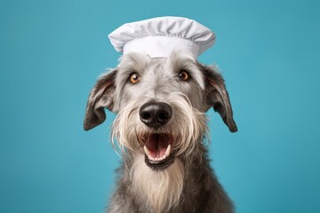 Close-up portrait photography of a happy irish wolfhound dog scratching furniture wearing a chef hat against a pastel blue background. With generative AI technology