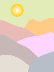 Vector illustration of mountains background and sun. Colorful landscape. wall decor, wallpaper, cover.