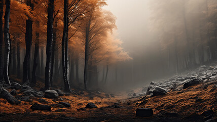 Fototapeta premium yellow misty autumn forest in the mountain landscape of October wildlife