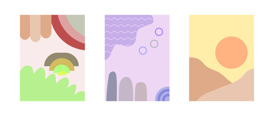 A collection of abstract vector designs and mountain scenes.