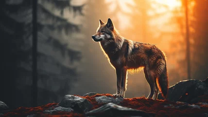 Fototapeten silhouette of a wolf in a misty autumn forest landscape view of wildlife © kichigin19