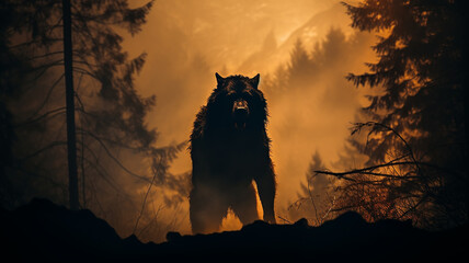 werewolf silhouette fear horror in the forest ghoul ancient horror fairy tale beast wolf predator in the fog of the night forest
