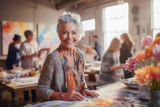 A senior woman immerses herself in a painting art class, where she explores her passion for artistic expression