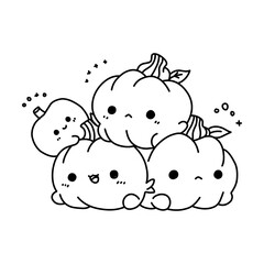 A vector of a cute kawaii pumpkins in black and white coloring,coloring page halloween.