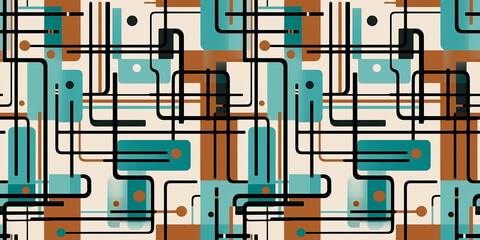 Bahaus abstract geometric shapes. Colorful vintage composition of circles, lines and rectangles in a repeating seamless turquoise and cinnamon brown colored tile pattern.