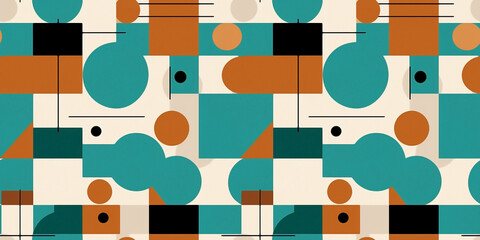 Bahaus abstract geometric shapes. Colorful vintage composition of circles, lines and rectangles in a repeating seamless turquoise and cinnamon brown colored tile pattern.