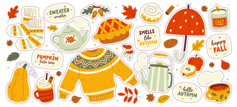 Cozy autumn sticker pack, hello fall and sweater weather seasonal cute design element isolated set