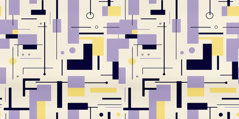 Bahaus abstract geometric shapes. Colorful vintage composition of circles, lines and rectangles in a repeating seamless lavender and pale yellow colored tile pattern.