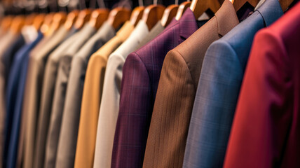 Obraz premium Different colors of jackets hang on hangers in the closet. Horizontal background. The concept of clothing.
