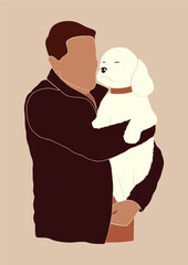 dog dad, dog owner, abstract man with a cute white dog,  isolated vector illustration, poster