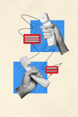 Vertical collage picture of two black white colors arms hold handset telephone dialogue bubble...