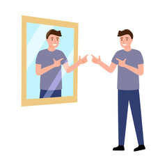 Get to know yourself better concept vector illustration. Man greeting himself in the mirror in flat design on white background.