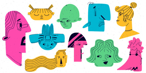 A set of strange faces. A variety of portraits caricature. Trendy vector illustration with dust texture. Unique character heads.