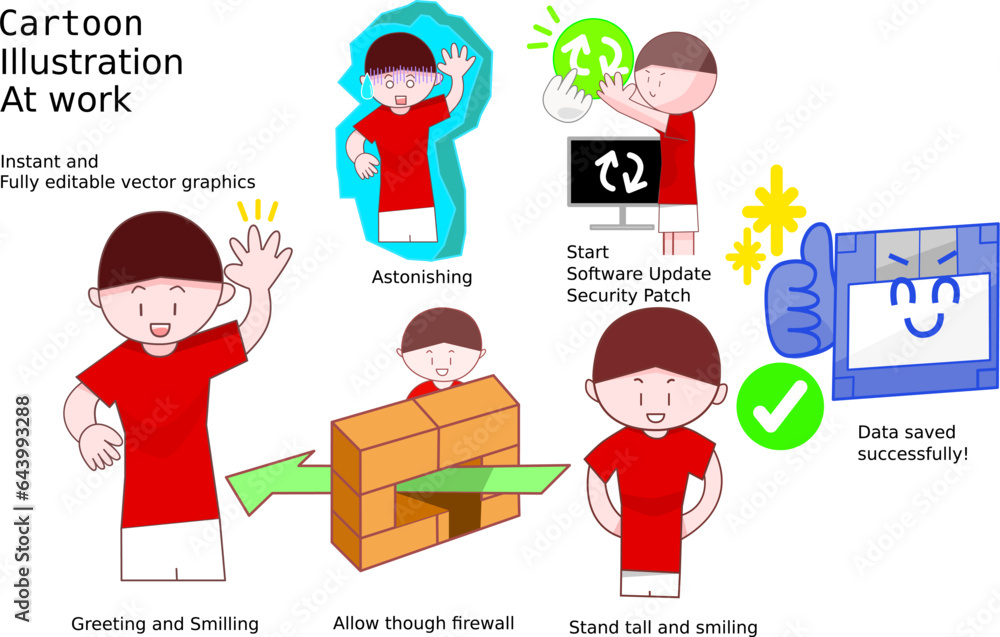 Fototapete handsome guy at work in various actions. cartoon illustration at work and play. pre-made vectors gra