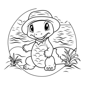 A vector of a cute dragon on the beach in black and white coloring,coloring page simbol 2024.