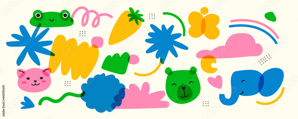 Poster a set of trendy children items with animals. and natural objects. bright colors with an overlay. dra