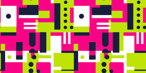 Bahaus abstract geometric shapes. Colorful vintage composition of circles, lines and rectangles in a repeating seamless magenta and lime green colored tile pattern.