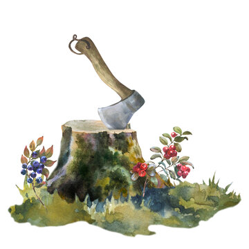 recommend clip art: Watercolor illustration, ax in the stump. Watercolor hand drawn illustration of a wooden stump in the grass and forest berries with an axe. For design of the tourism and hiking