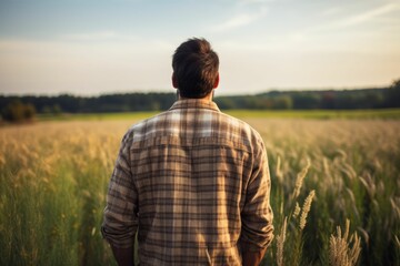 Naklejka na ściany i meble Farmer is wearing a plaid shirt in a wheat field, back view. AI generated