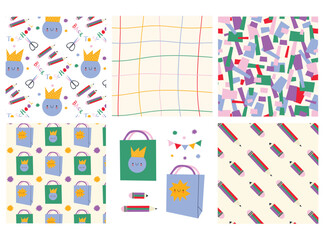 Teacher's Day. Back to School. Set of patterns and prints with Stationery. Multi-colored Pencils, Scissors, Vase, Multi- colored Package.  Abstract seamless patterns. Teacher's Day. Back to School.
