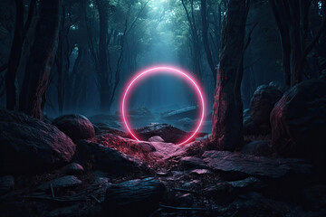 Abstract portal stone gate with neon circle glowing light in the dark wood forest space landscape of cosmic, rocky mountain stone field, spectrum light effect. - obrazy, fototapety, plakaty