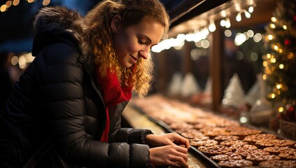 Fototapeta na wymiar Young woman buying gingerbread cookies at Christmas market